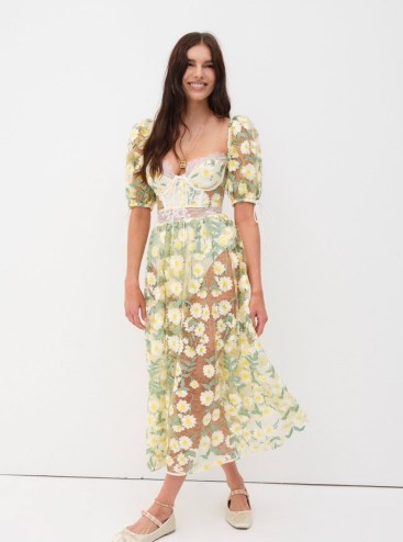 For Love & Lemons Carson Midi Dress in Green – sheer short sleeve floral embroidered dresses – feminine puff sleeve fashion