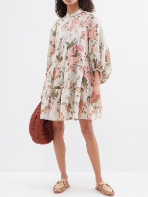 ERDEM Beige Vacation Winona floral-print linen tiered dress – balloon sleeve oversize dresses - flipped