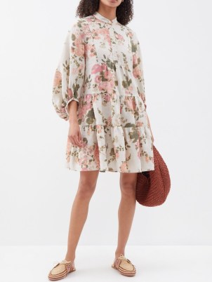 ERDEM Beige Vacation Winona floral-print linen tiered dress – balloon sleeve oversize dresses