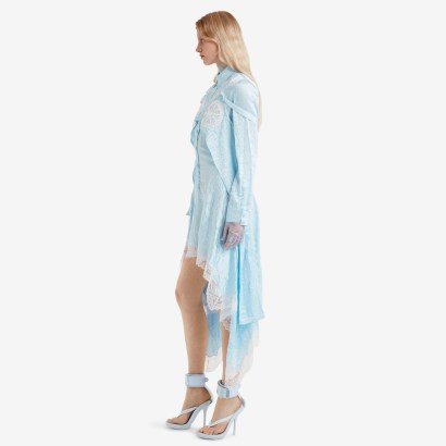BURBERRY Lace Detail Satin Reconstructed Gown in Glacier Blue ~ luxury contemporary clothing ~ asymmetric dresses ~ luxe occasionwear ~ women’s designer occasion clothes - flipped