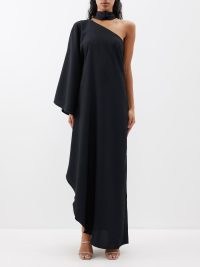 TALLER MARMO Black Bolkan one-shoulder crepe dress ~ women’s maxi evening dresses ~ asymmetric occasion clothes ~ high side slit hem ~ one sleeve event gowns