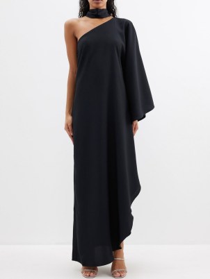 TALLER MARMO Black Bolkan one-shoulder crepe dress ~ women’s maxi evening dresses ~ asymmetric occasion clothes ~ high side slit hem ~ one sleeve event gowns - flipped