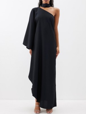 TALLER MARMO Black Bolkan one-shoulder crepe dress ~ women’s maxi evening dresses ~ asymmetric occasion clothes ~ high side slit hem ~ one sleeve event gowns