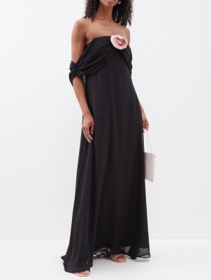 BERNADETTE Black Daffodil off-the-shoulder silk gown / silky bardot neckline maxi dresses / feminine fluid fabric occasion gowns