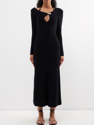 CHRISTOPHER ESBER Black Pointelle cutout cotton-blend knitted maxi dress ~ long sleeve cut out dresses - flipped