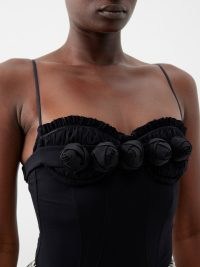 SHUSHU/TONG Rose-appliqué satin bodysuit in black / strappy floral sweetheart neckline bodysuits / spaghetti shoulder strap tops