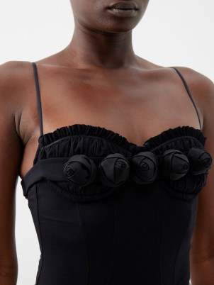 SHUSHU/TONG Rose-appliqué satin bodysuit in black / strappy floral sweetheart neckline bodysuits / spaghetti shoulder strap tops