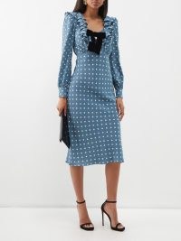 ALESSANDRA RICH Blue Bow-trim polka-dot silk midi dress | women’s vintage style spot print occasion dresses | silky retro look clothing | luxury clothing | ruffled neckline