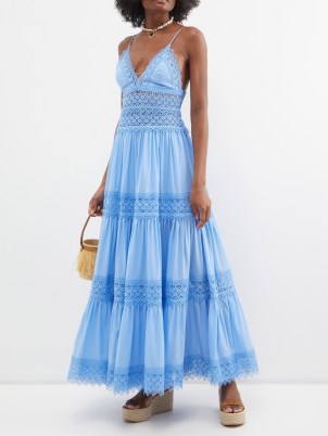 CHARO RUIZ Blue Cindy lace-panelled cotton-blend dress | strappy plunge front maxi dresses - flipped