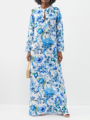 MARY KATRANTZOU Blue Collins floral-print silk maxi dress – women’s silky long length occasion dresses – luxury summer event clothing – luxe occasionwear