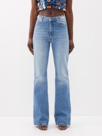 PACO RABANNE Blue Disk-embellished flared wide-leg jeans – women’s designer denim clothing – womens casual flares – light wash – high rise waist