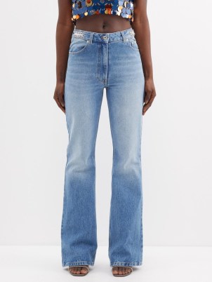 PACO RABANNE Blue Disk-embellished flared wide-leg jeans – women’s designer denim clothing – womens casual flares – light wash – high rise waist - flipped