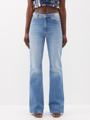 PACO RABANNE Blue Disk-embellished flared wide-leg jeans – women’s designer denim clothing – womens casual flares – light wash – high rise waist