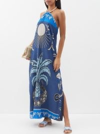 JUAN DE DIOS Blue Ipanema halterneck printed cotton-blend maxi dress ~ crinkled fabric holiday clothes ~ chic halter neck vacation clothing ~ rope braided collar ~ side slits