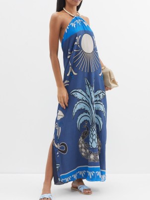 JUAN DE DIOS Blue Ipanema halterneck printed cotton-blend maxi dress ~ crinkled fabric holiday clothes ~ chic halter neck vacation clothing ~ rope braided collar ~ side slits - flipped