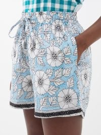 HARAGO Blue Kantha floral-embroidered cotton shorts – women’s casual summer clothing
