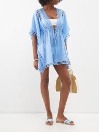 CHARO RUIZ Blue Kayla lace-panelled cotton-blend kaftan – women’s sheer cover ups – womens poolside kaftans – short beach coverup – beachwear kaftans