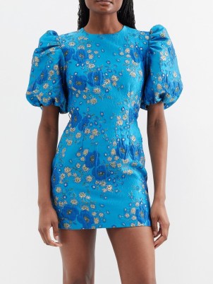GANNI Puff-sleeved floral-jacquard mini dress in blue ~ puffed sleeve metallic fibre occasion dresses ~ romantic party clothes ~ romance inspired evening fashion - flipped