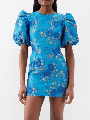 GANNI Puff-sleeved floral-jacquard mini dress in blue ~ puffed sleeve metallic fibre occasion dresses ~ romantic party clothes ~ romance inspired evening fashion
