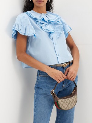 GUCCI Blue Ruffle-trim cotton-poplin shirt – women’s ruffled shirts – womens design frill detail blouse – romantic short sleeve blouses - flipped