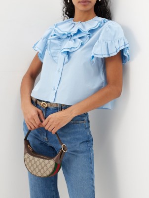 GUCCI Blue Ruffle-trim cotton-poplin shirt – women’s ruffled shirts – womens design frill detail blouse – romantic short sleeve blouses