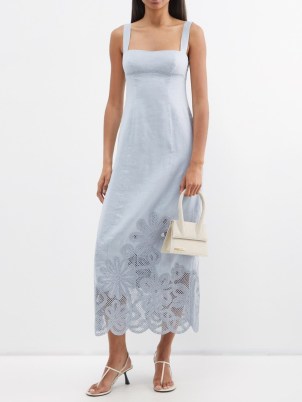 CLEA Blue Sophie floral-embroidered linen midi dress – sleeveless summer event dresses – women’s occasion clothes – feminine occasionwear – wedding guest clothing - flipped