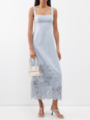 CLEA Blue Sophie floral-embroidered linen midi dress – sleeveless summer event dresses – women’s occasion clothes – feminine occasionwear – wedding guest clothing