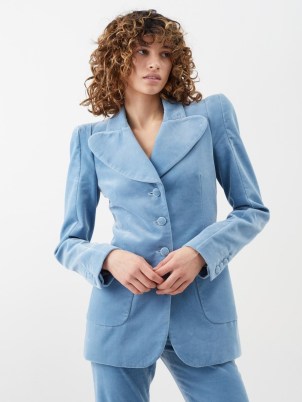 THE VAMPIRE’S WIFE Blue The School padded-shoulder cotton-velvet blazer – women’s 70s style blazers – luxury retro look jackets – womens 1970s vintage inspired jacket – plush outerwear
