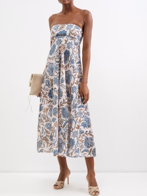 ZIMMERMANN Vitali-print bandeau-neck linen dress in blue and white / strapless floral print summer occasion dresses - flipped