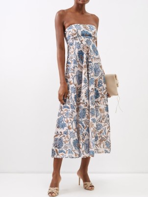 ZIMMERMANN Vitali-print bandeau-neck linen dress in blue and white / strapless floral print summer occasion dresses