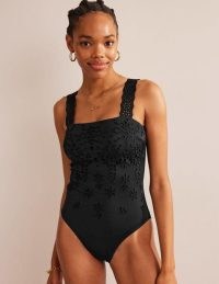 BODEN Broderie Square Neck Swimsuit in Black – floral cut out detail swimsuits – feminine swimwear