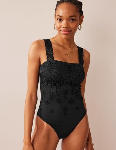 BODEN Broderie Square Neck Swimsuit in Black – floral cut out detail swimsuits – feminine swimwear - flipped