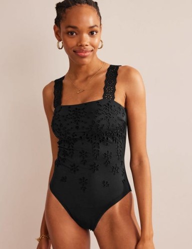 BODEN Broderie Square Neck Swimsuit in Black – floral cut out detail swimsuits – feminine swimwear