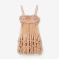 BURBERRY Tulle and Lace Baby Doll Dress in Pale Nude ~ women’s babydoll dresses ~ womens luxury shoulder strap net overlay dress ~ luxe party clothing ~ designer occasionwear
