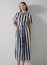 L.K. BENNETT Calder Navy and Cream Wavy Stripe Shirt Dress – dark blue striped midi dresses – women’s luxury retro style clothes – chic vintage look clothing