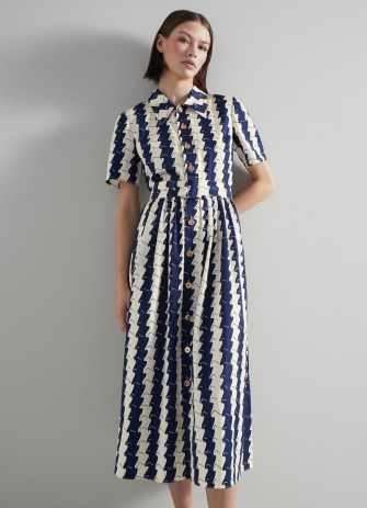 L.K. BENNETT Calder Navy and Cream Wavy Stripe Shirt Dress – dark blue striped midi dresses – women’s luxury retro style clothes – chic vintage look clothing - flipped