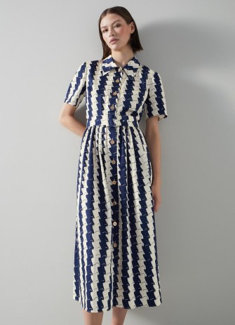 L.K. BENNETT Calder Navy and Cream Wavy Stripe Shirt Dress – dark blue striped midi dresses – women’s luxury retro style clothes – chic vintage look clothing