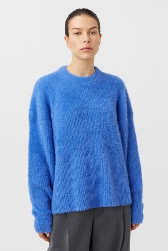 C&M CAMILLA AND MARC Caprani Fluffy Crew Sweater in Blue – luxury fluffy sweaters – oversized crewneck jumper – women’s luxe textured jumpsers - flipped