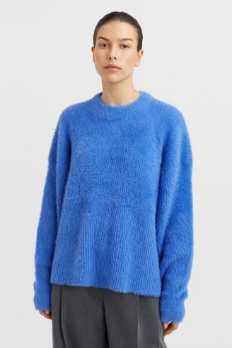 C&M CAMILLA AND MARC Caprani Fluffy Crew Sweater in Blue – luxury fluffy sweaters – oversized crewneck jumper – women’s luxe textured jumpsers
