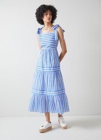 L.K. BENNETT Caprice Blue and Cream Wavy Stripe Cotton-Silk Tiered Dress – tiered tie shoulder strap summer dresses – women’s striped warm weather clothes – luxury holiday clothing
