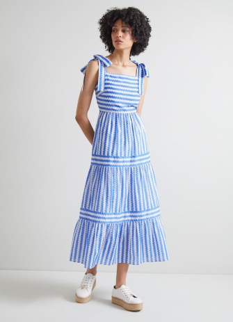 L.K. BENNETT Caprice Blue and Cream Wavy Stripe Cotton-Silk Tiered Dress – tiered tie shoulder strap summer dresses – women’s striped warm weather clothes – luxury holiday clothing - flipped