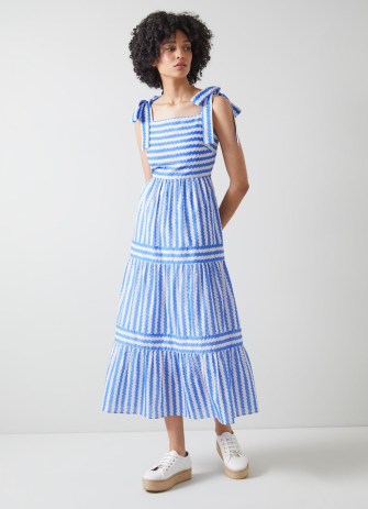 L.K. BENNETT Caprice Blue and Cream Wavy Stripe Cotton-Silk Tiered Dress – tiered tie shoulder strap summer dresses – women’s striped warm weather clothes – luxury holiday clothing