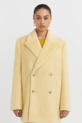 CAMILLA AND MARC Caspian Longline Tailored Blazer in Butter Yellow – women’s luxe faux fur blazers – womens luxury jackets – plush outewear - flipped