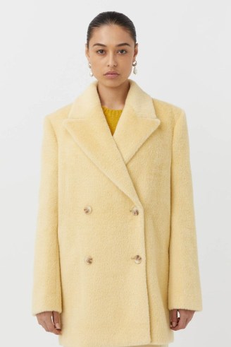 CAMILLA AND MARC Caspian Longline Tailored Blazer in Butter Yellow – women’s luxe faux fur blazers – womens luxury jackets – plush outewear