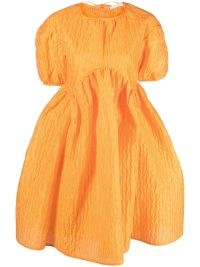 Cecilie Bahnsen Thelma puff-sleeve matelassé minidress in tangerine orange / voluminous empire waist dresses