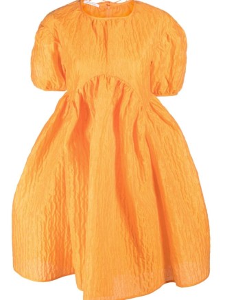 Cecilie Bahnsen Thelma puff-sleeve matelassé minidress in tangerine orange / voluminous empire waist dresses - flipped