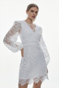 KAREN MILLEN Chemical Lace V Neck Woven Mini Dress in Ivory ~ sheer overlay occasion dresses ~ floral event clothes