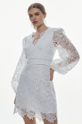 KAREN MILLEN Chemical Lace V Neck Woven Mini Dress in Ivory ~ sheer overlay occasion dresses ~ floral event clothes - flipped