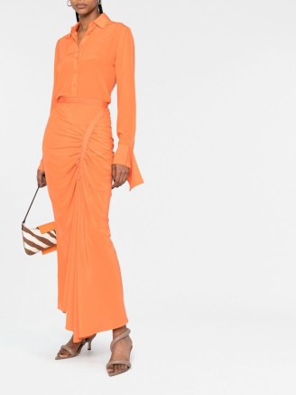 Christopher Esber orange ruched maxi skirt / women’s asymmetric long legnth skirts / womens silky clothing
