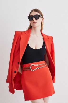 Karen Millen Clean Tailored Buckle Detail Mini Skirt in Red Orange | women’s short buckled skirts | womens recycled fabric clothes | sustainable clothing - flipped